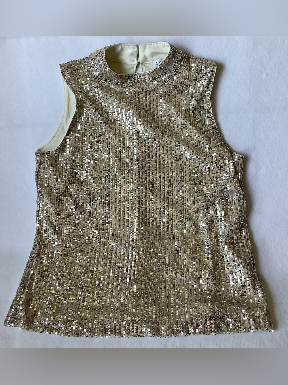 Calvin Klein Sequin Mock Neck Sleeveless Top Champagne Gold M